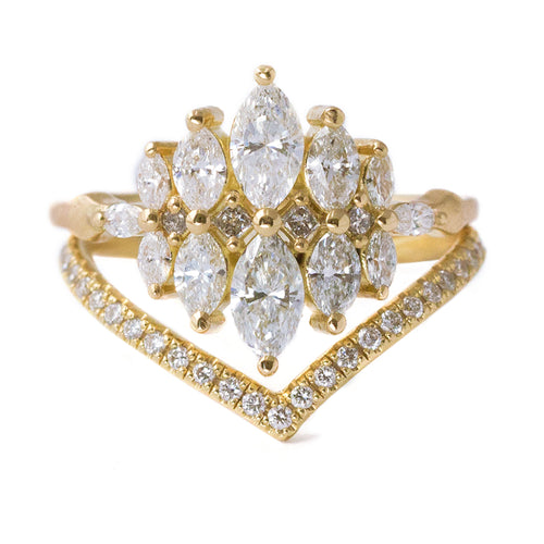 Unusual Engagement Ring Set with Marquise Diamonds Front View