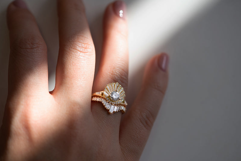 Vintage Art Deco Ring - Baguette Crown Cluster Engagement Ring in Set in Light Shaft