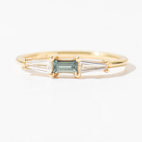 Ready to Ship - Minimalist Diamond and Teal Sapphire Ring - Sapphire Wedding Ring (size US 5.75-6)