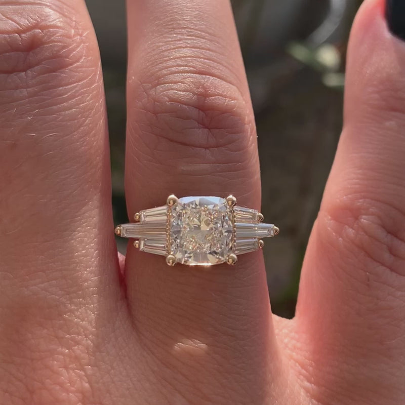 Lab-rown-Cushion-Diamond-with-Tapered-Baguette-Wings-Engagement-Ring-video