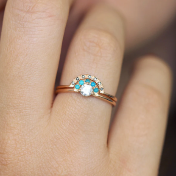 Ready to Ship - diamond engagement ring with turquoise "crown" and a black diamonds wedding ring (size US 6.5)
