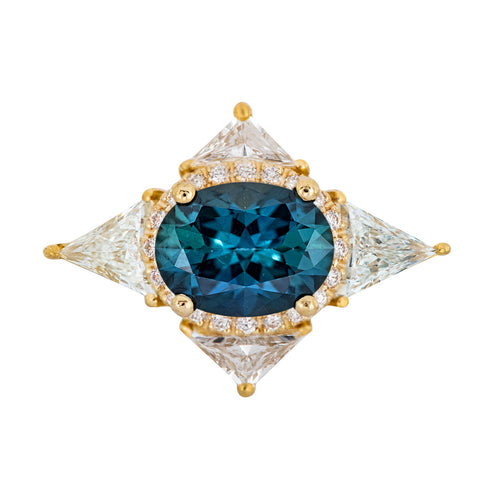 Teal Sapphire Deco Ring with Triangle Diamonds