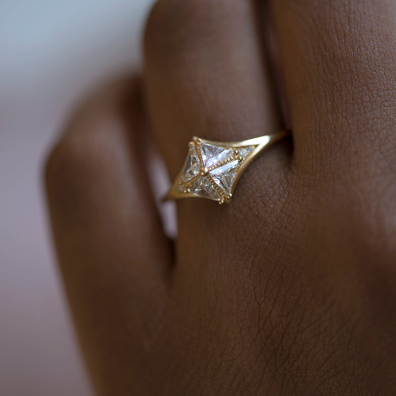 Detailed Star Engagement Ring with Triangle Diamonds