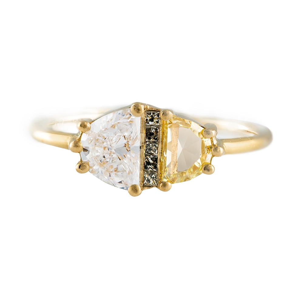 Half Moon Cut Engagement Ring with White, Yellow and Grey Diamonds